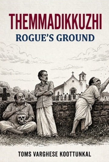 Cover of Themmadikkuzhi: Rogue's Ground by Toms Varghese Koottunkal — three men by a laterite churchyard wall in Kerala, one holding a skull, with a white church behind them